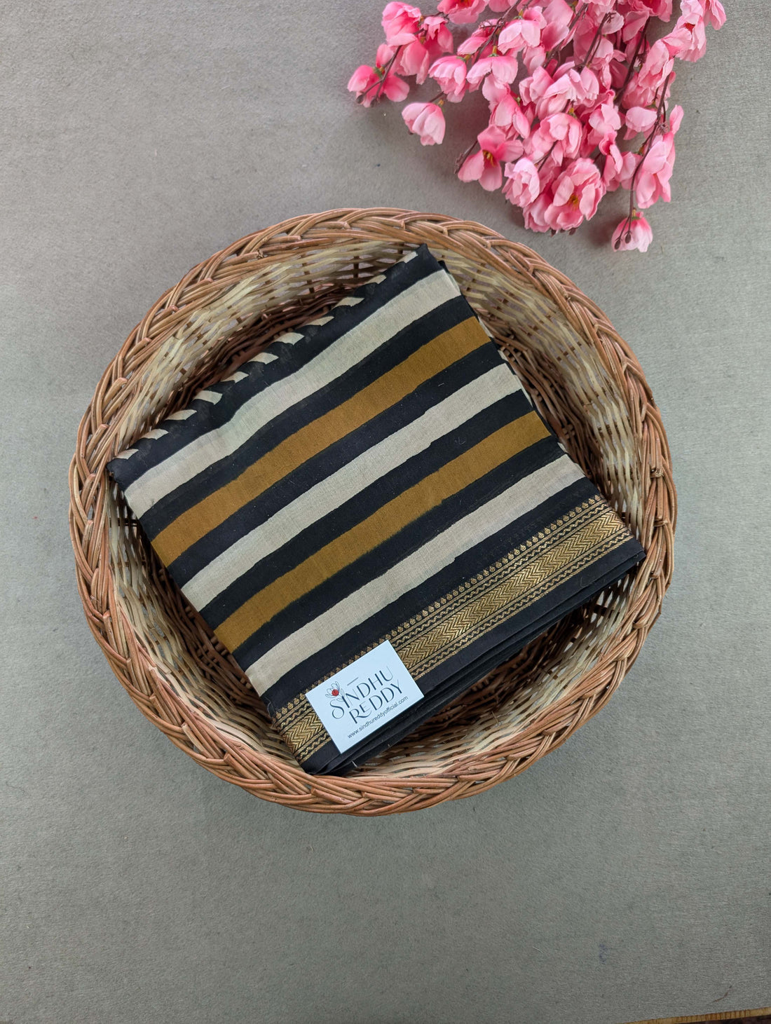 Hand Block Printed Maheshwari Silk - Black w/t Mustard Yellow