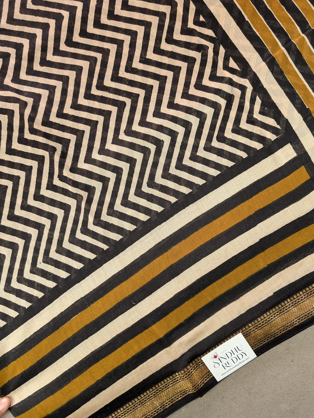 Hand Block Printed Maheshwari Silk - Black w/t Mustard Yellow