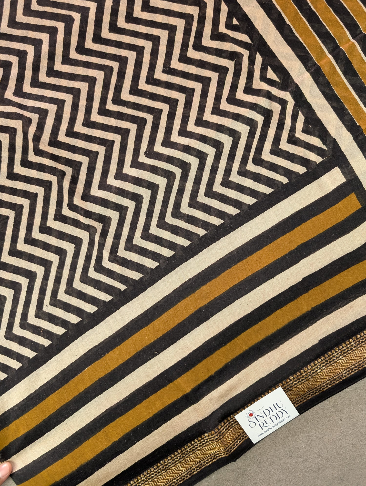 Hand Block Printed Maheshwari Silk - Black w/t Mustard Yellow