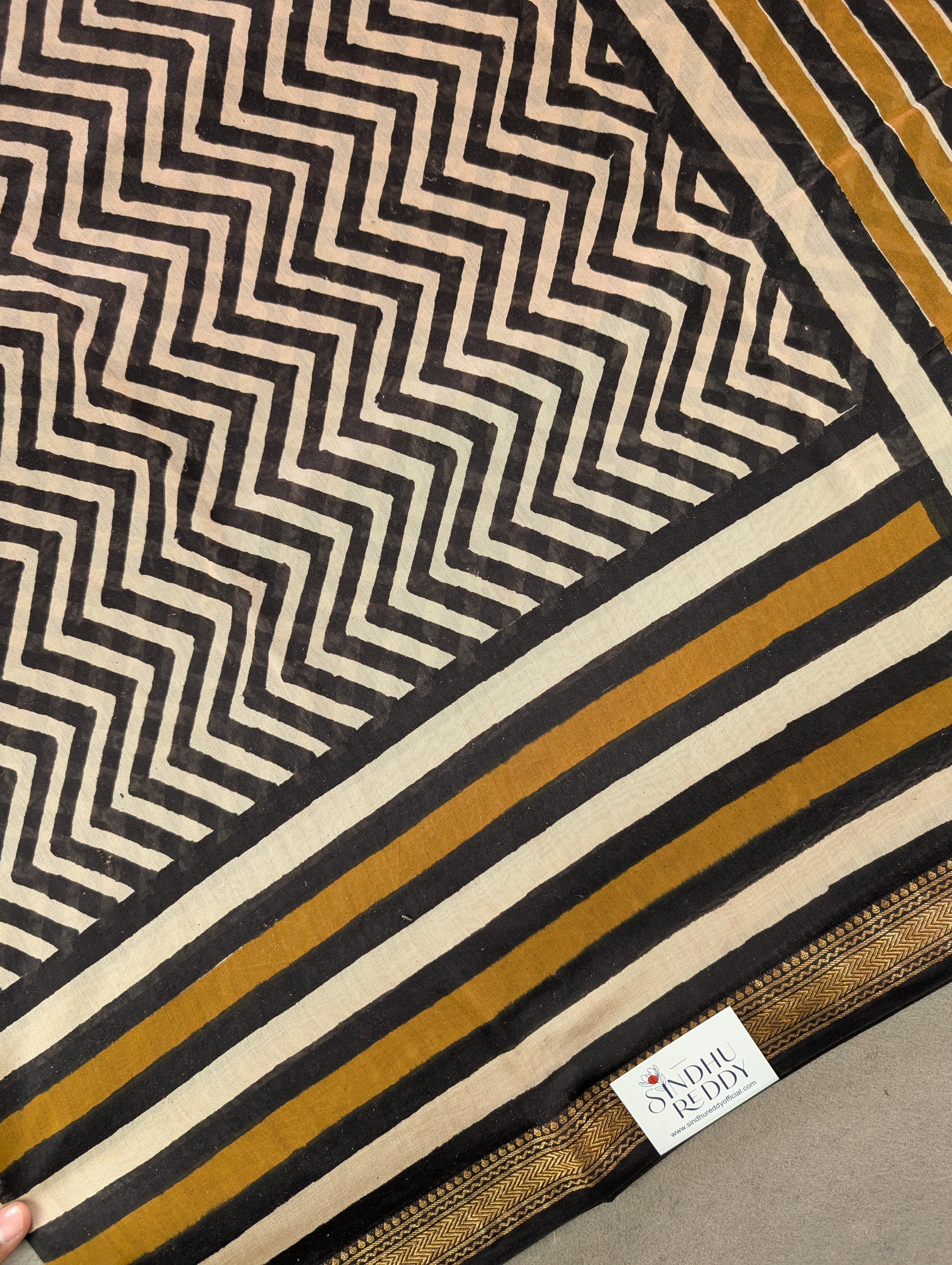 Hand Block Printed Maheshwari Silk - Black w/t Mustard Yellow