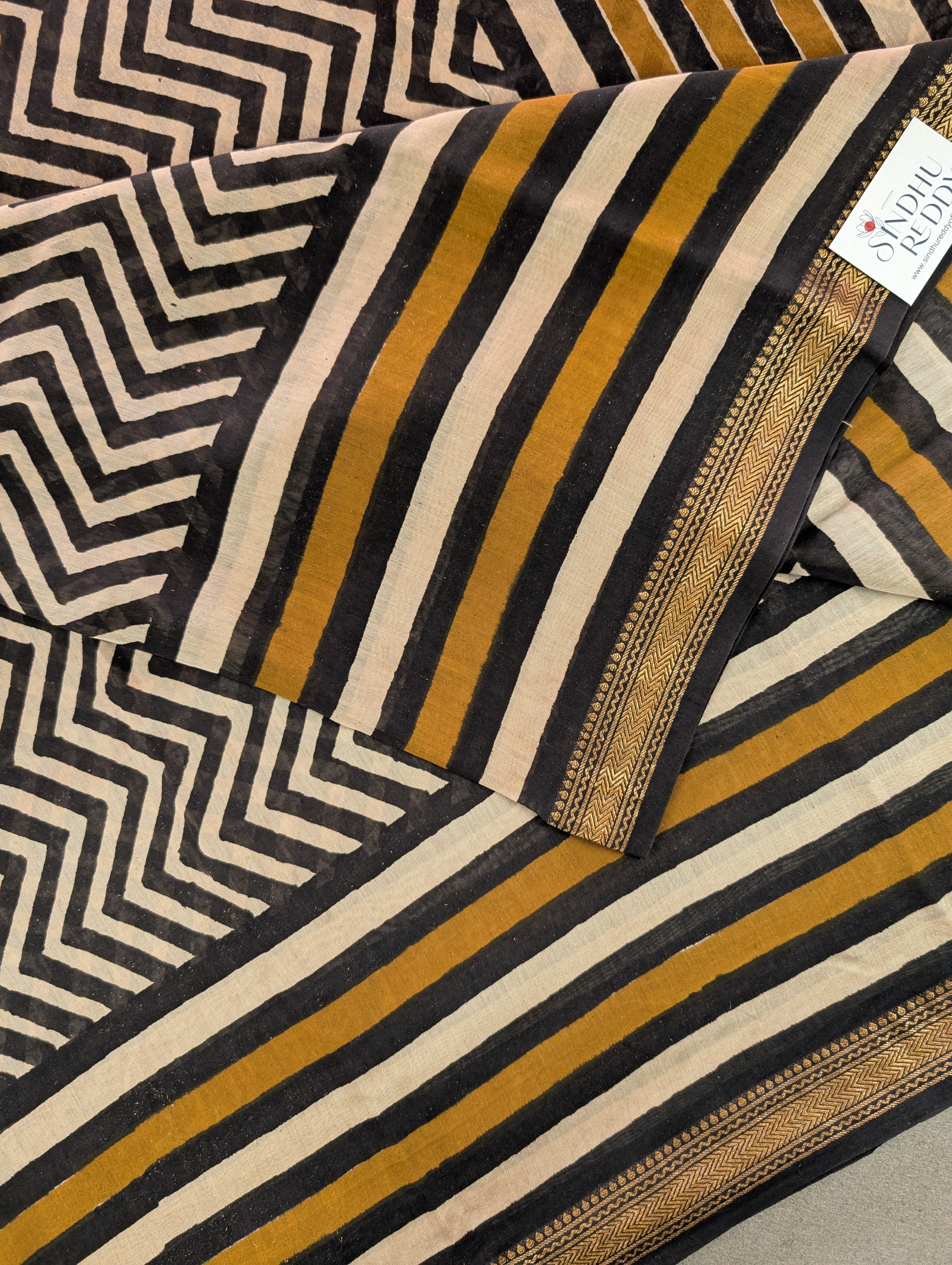 Hand Block Printed Maheshwari Silk - Black w/t Mustard Yellow