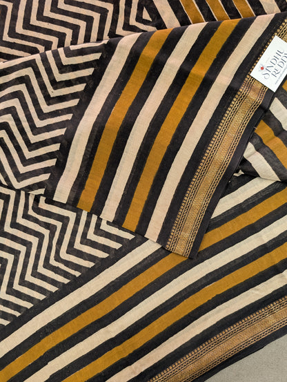Hand Block Printed Maheshwari Silk - Black w/t Mustard Yellow