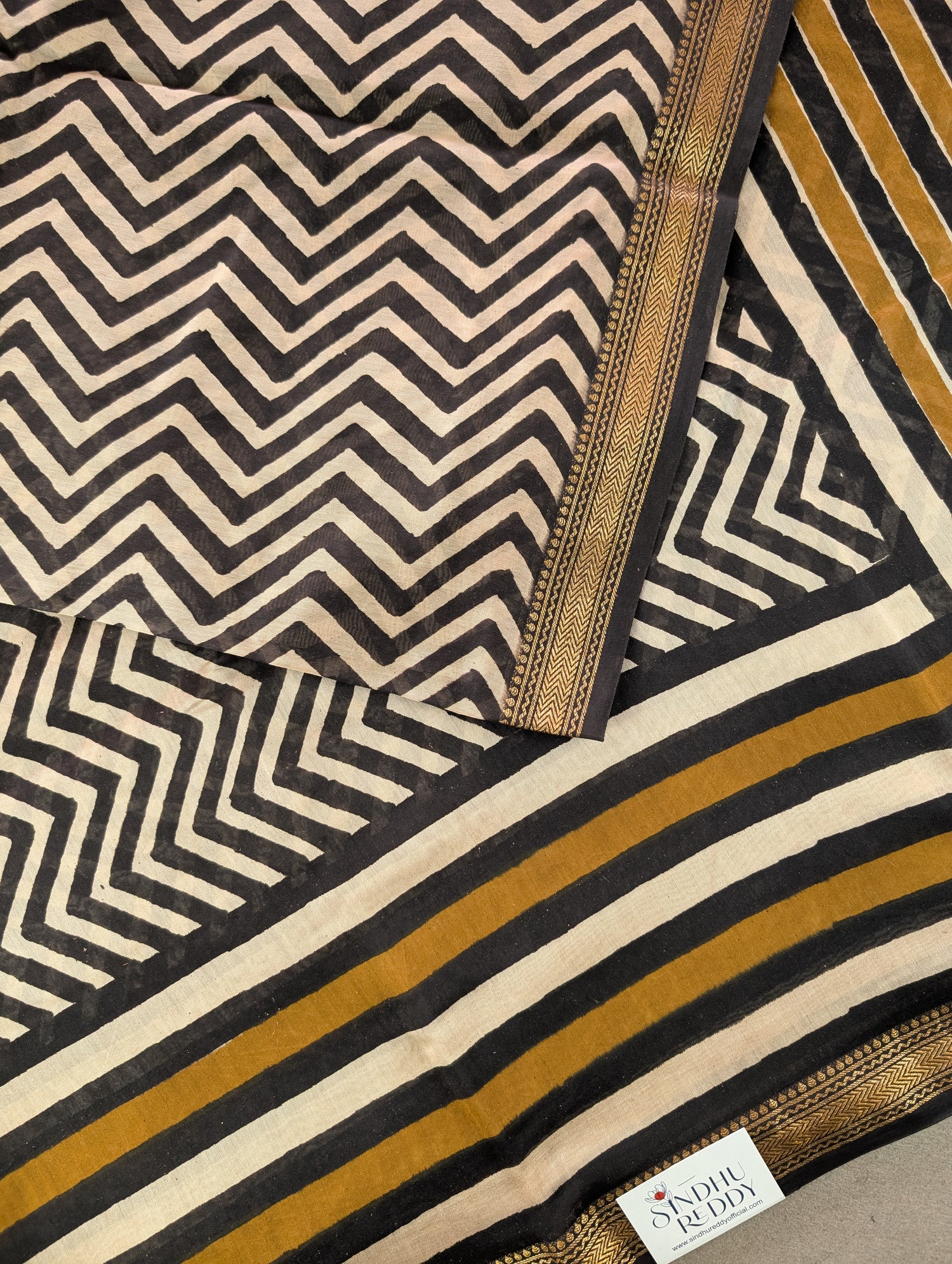 Hand Block Printed Maheshwari Silk - Black w/t Mustard Yellow