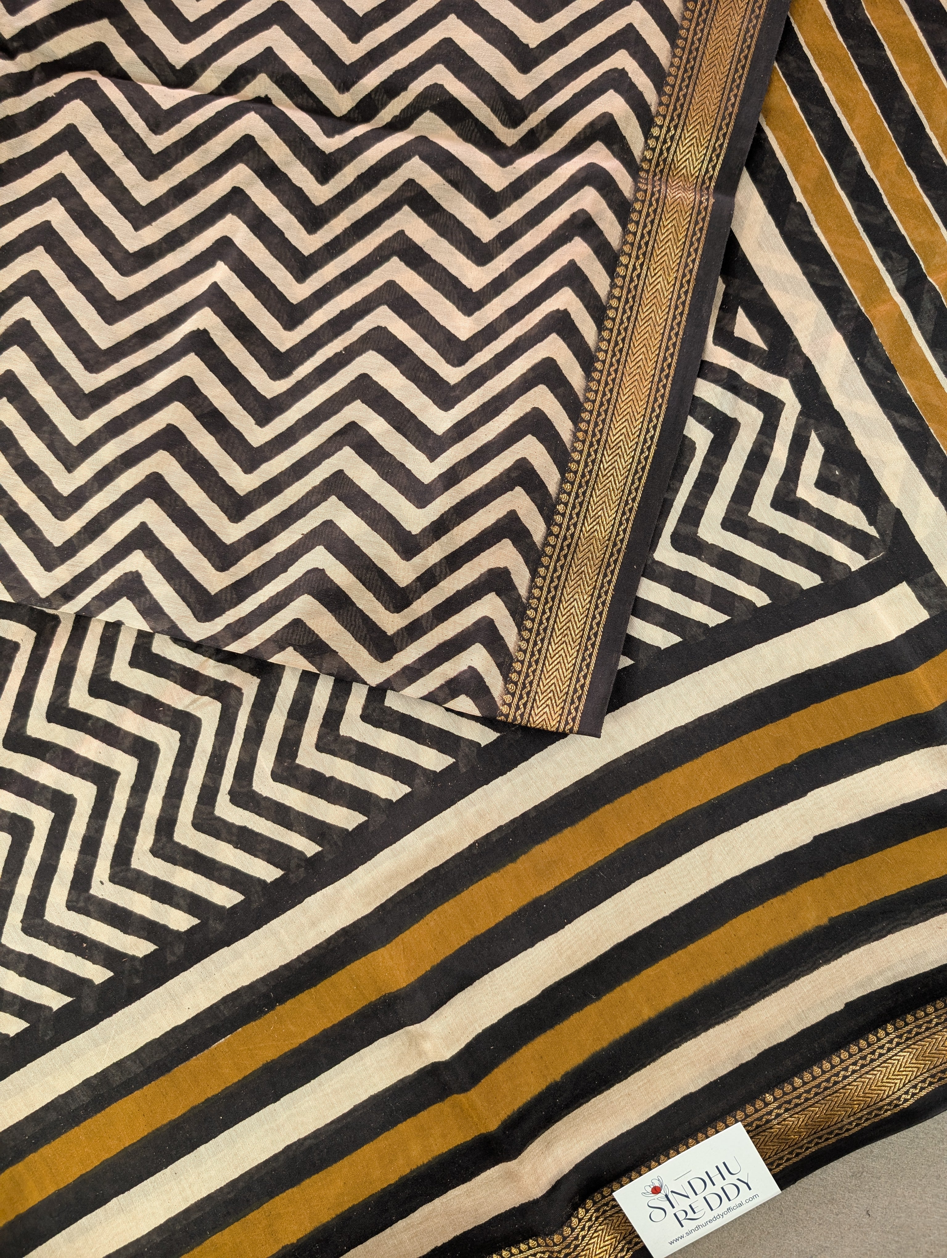 Hand Block Printed Maheshwari Silk - Black w/t Mustard Yellow