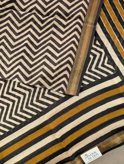 Hand Block Printed Maheshwari Silk - Black w/t Mustard Yellow