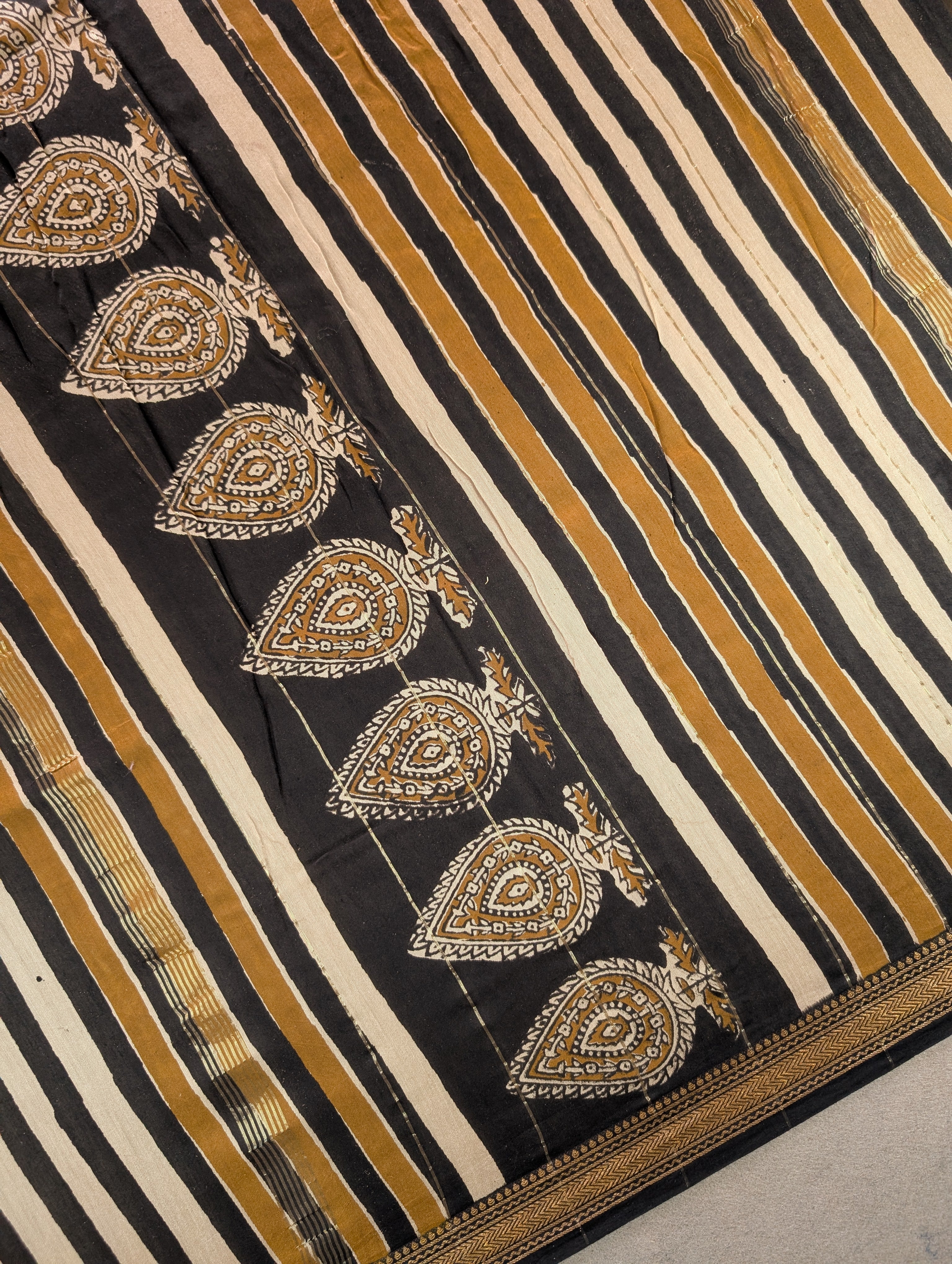 Hand Block Printed Maheshwari Silk - Black w/t Mustard Yellow