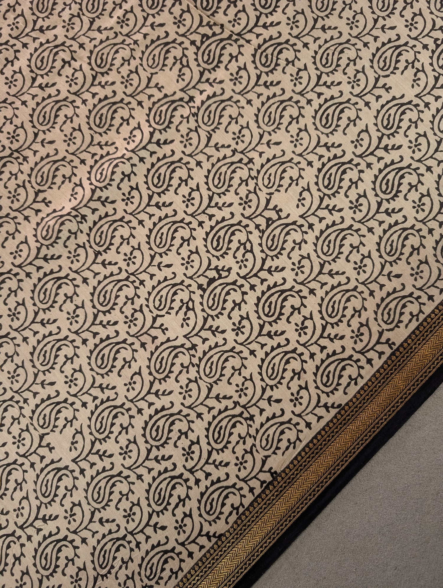 Hand Block Printed Maheshwari Silk - Black w/t Mustard Yellow