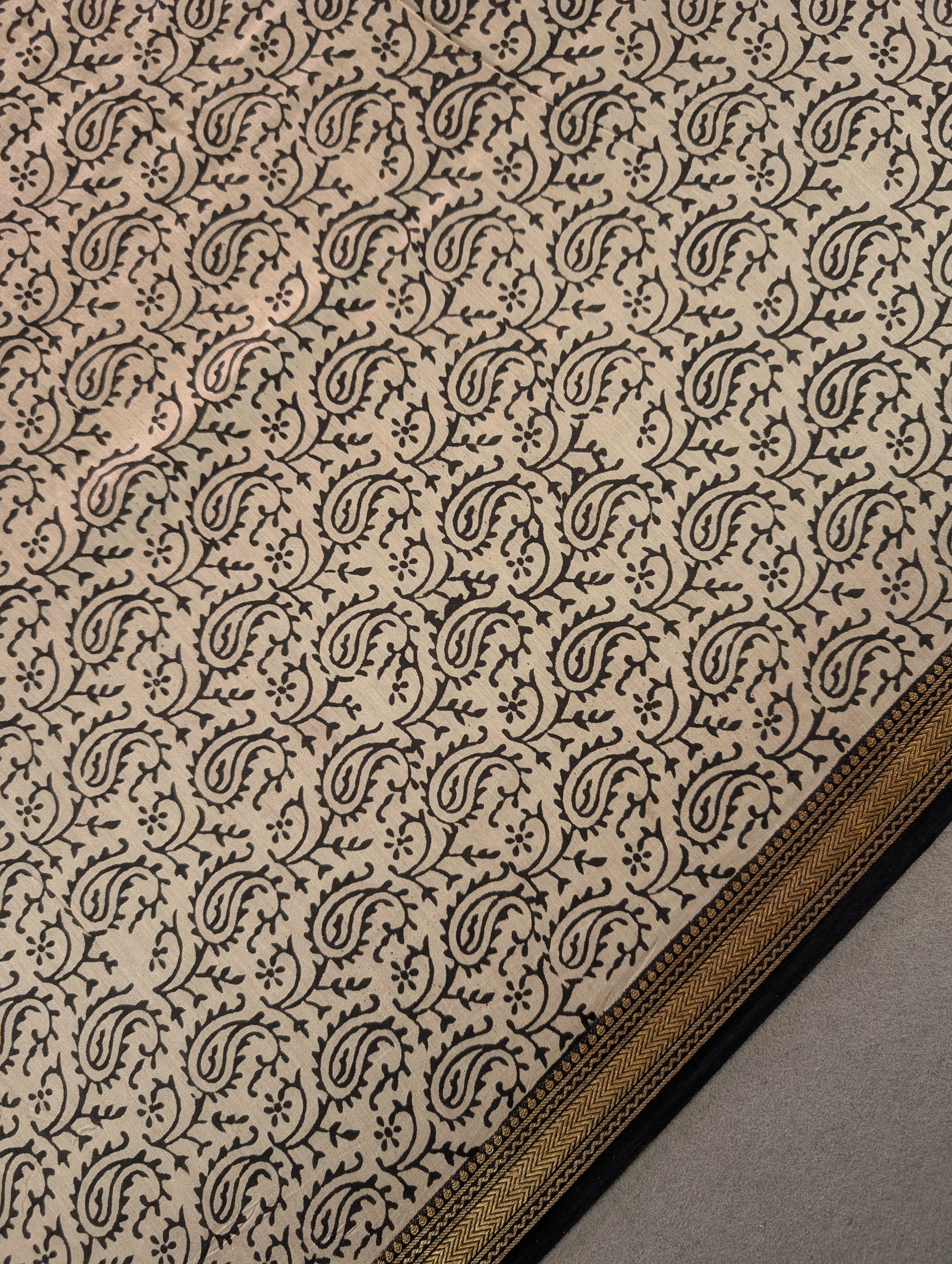 Hand Block Printed Maheshwari Silk - Black w/t Mustard Yellow