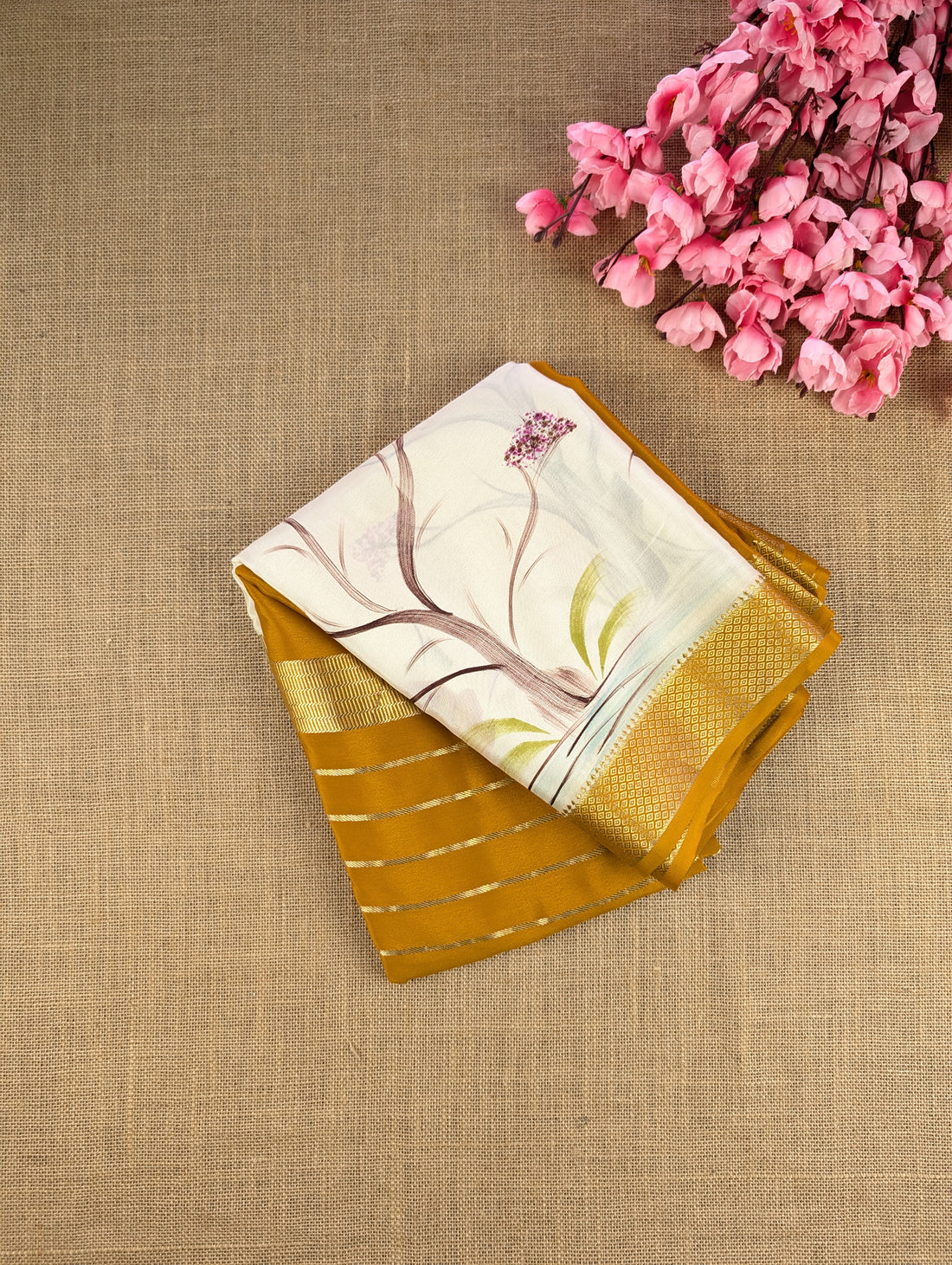 Pure Mysore Silk Crepe -  Mustard &amp; Cream Hand Brush Paint Saree