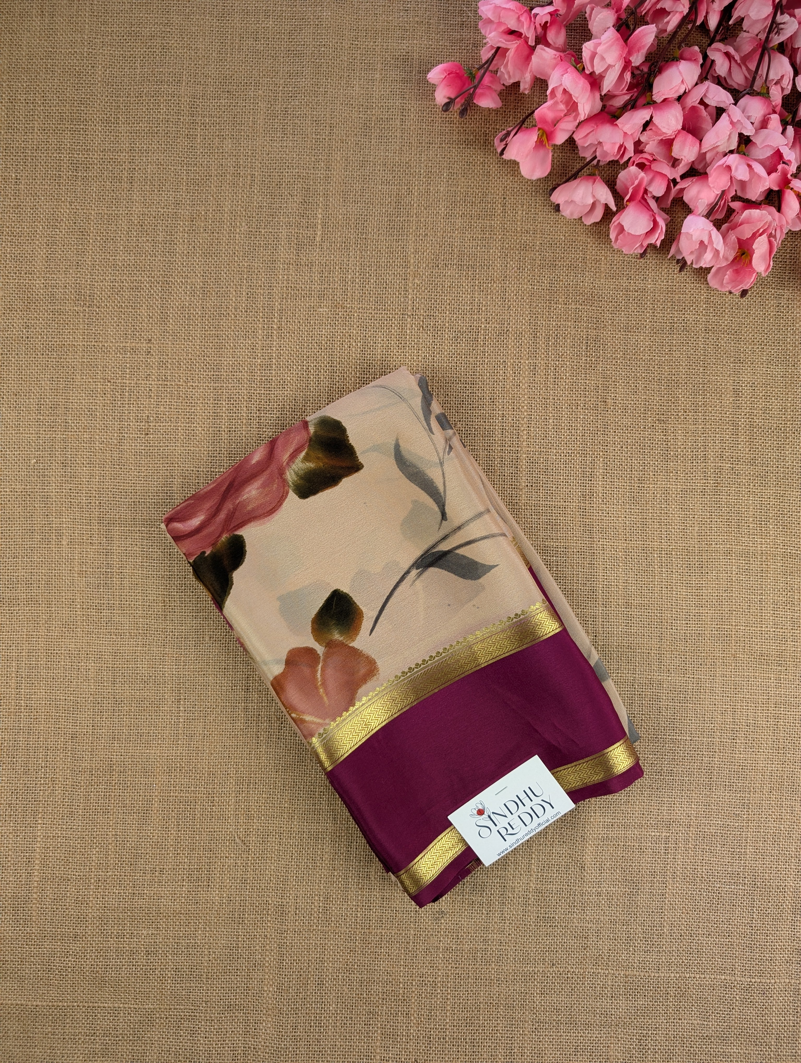 Pure Mysore Silk Crepe -  Cream &amp; Maroon Hand Brush Paint Saree