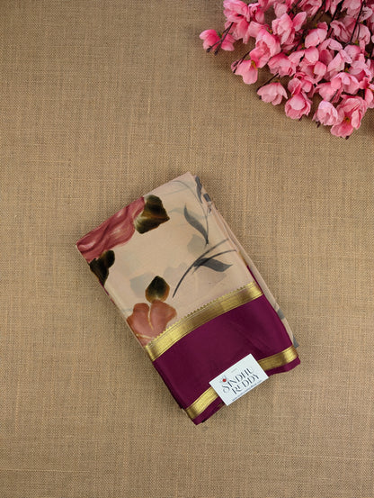 Pure Mysore Silk Crepe -  Cream &amp; Maroon Hand Brush Paint Saree