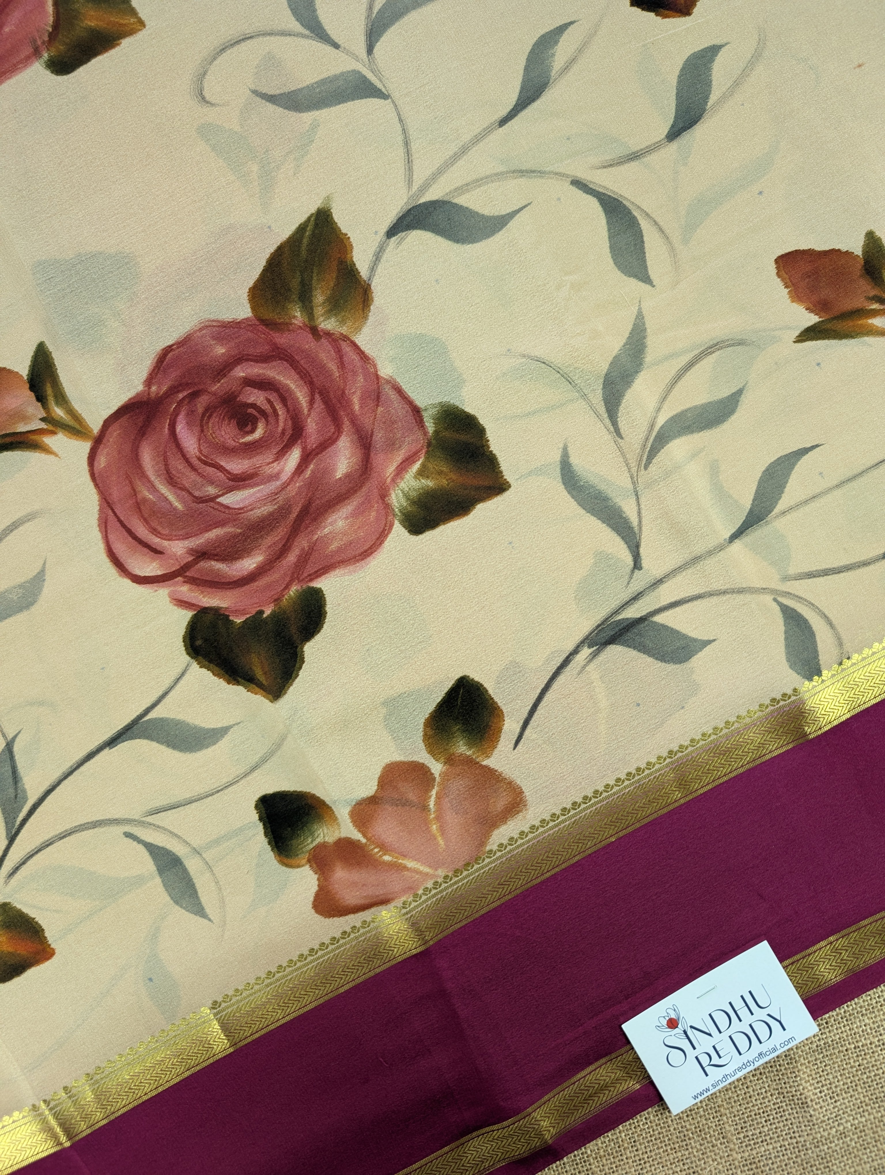 Pure Mysore Silk Crepe -  Cream &amp; Maroon Hand Brush Paint Saree