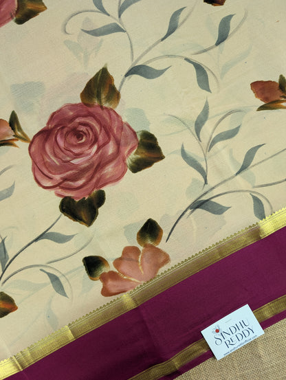 Pure Mysore Silk Crepe -  Cream &amp; Maroon Hand Brush Paint Saree