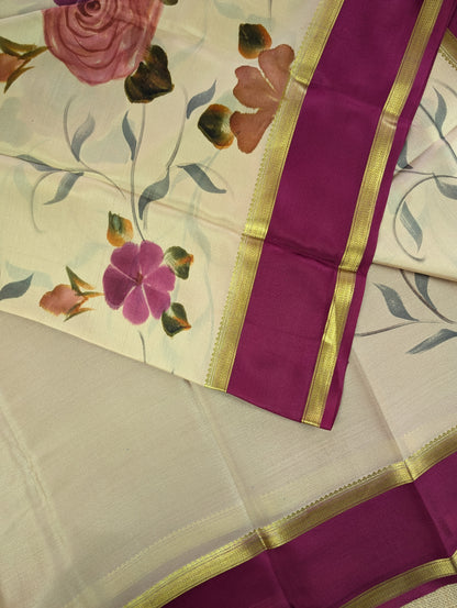 Pure Mysore Silk Crepe -  Cream &amp; Maroon Hand Brush Paint Saree