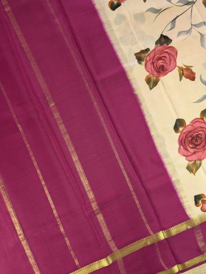 Pure Mysore Silk Crepe -  Cream &amp; Maroon Hand Brush Paint Saree