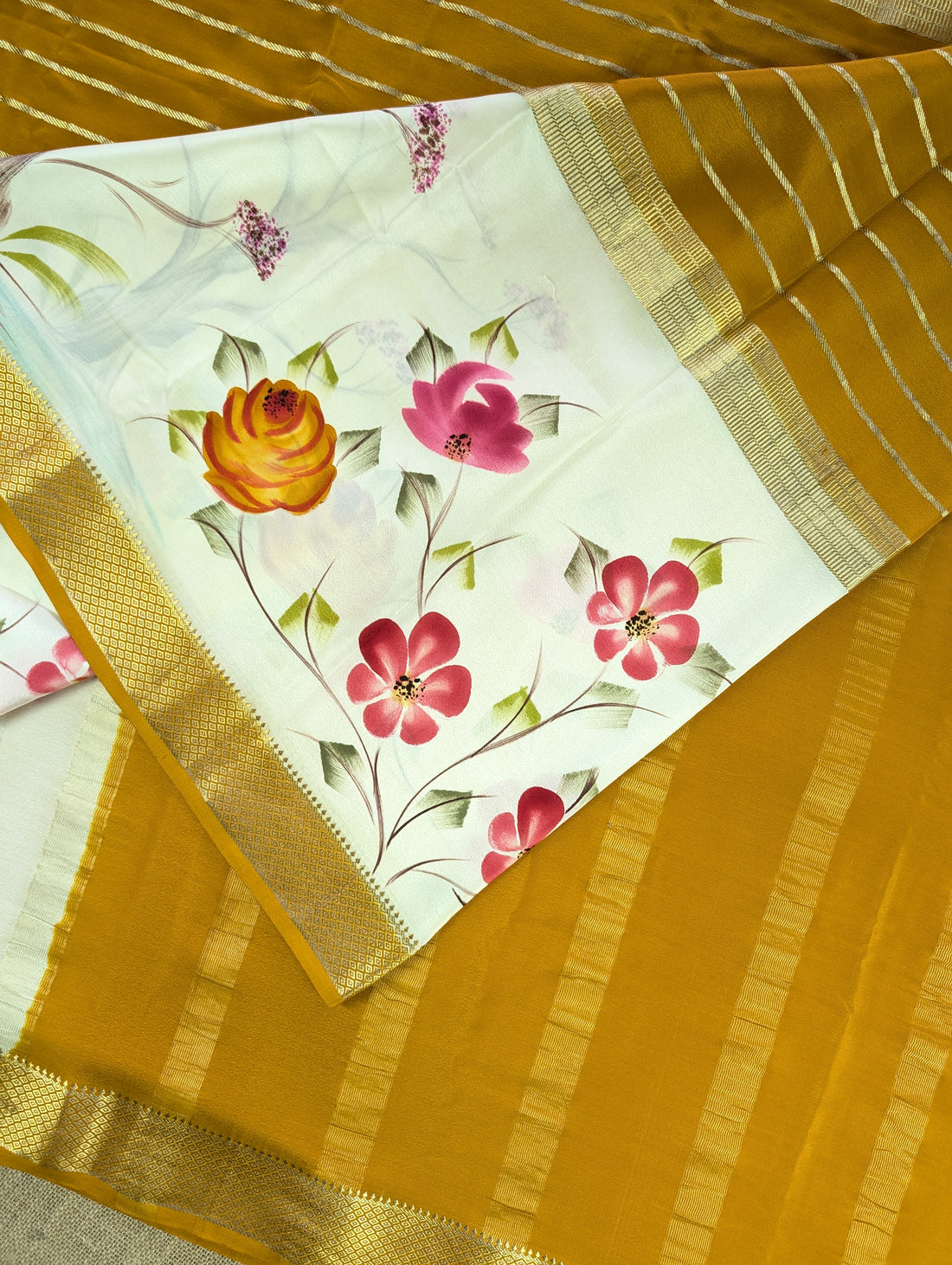 Pure Mysore Silk Crepe -  Mustard &amp; Cream Hand Brush Paint Saree