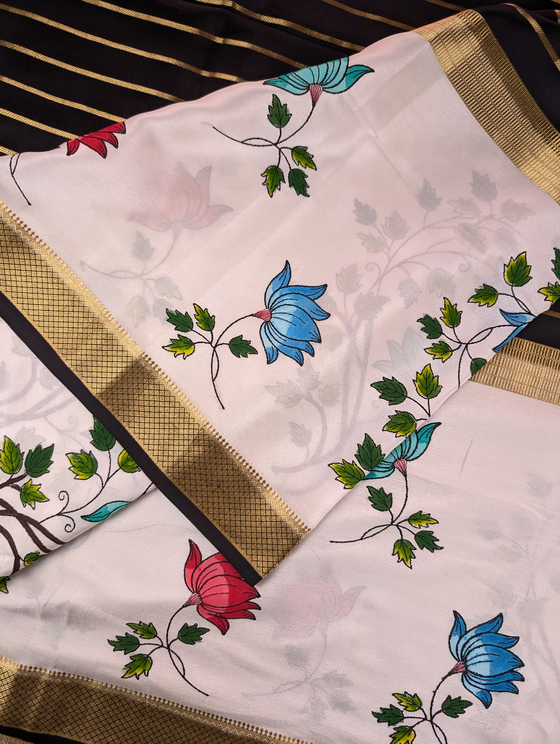 Pure Mysore Silk Crepe -  Black &amp; White Hand Brush Paint Saree