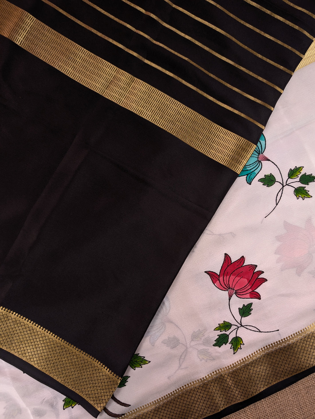 Pure Mysore Silk Crepe -  Black &amp; White Hand Brush Paint Saree