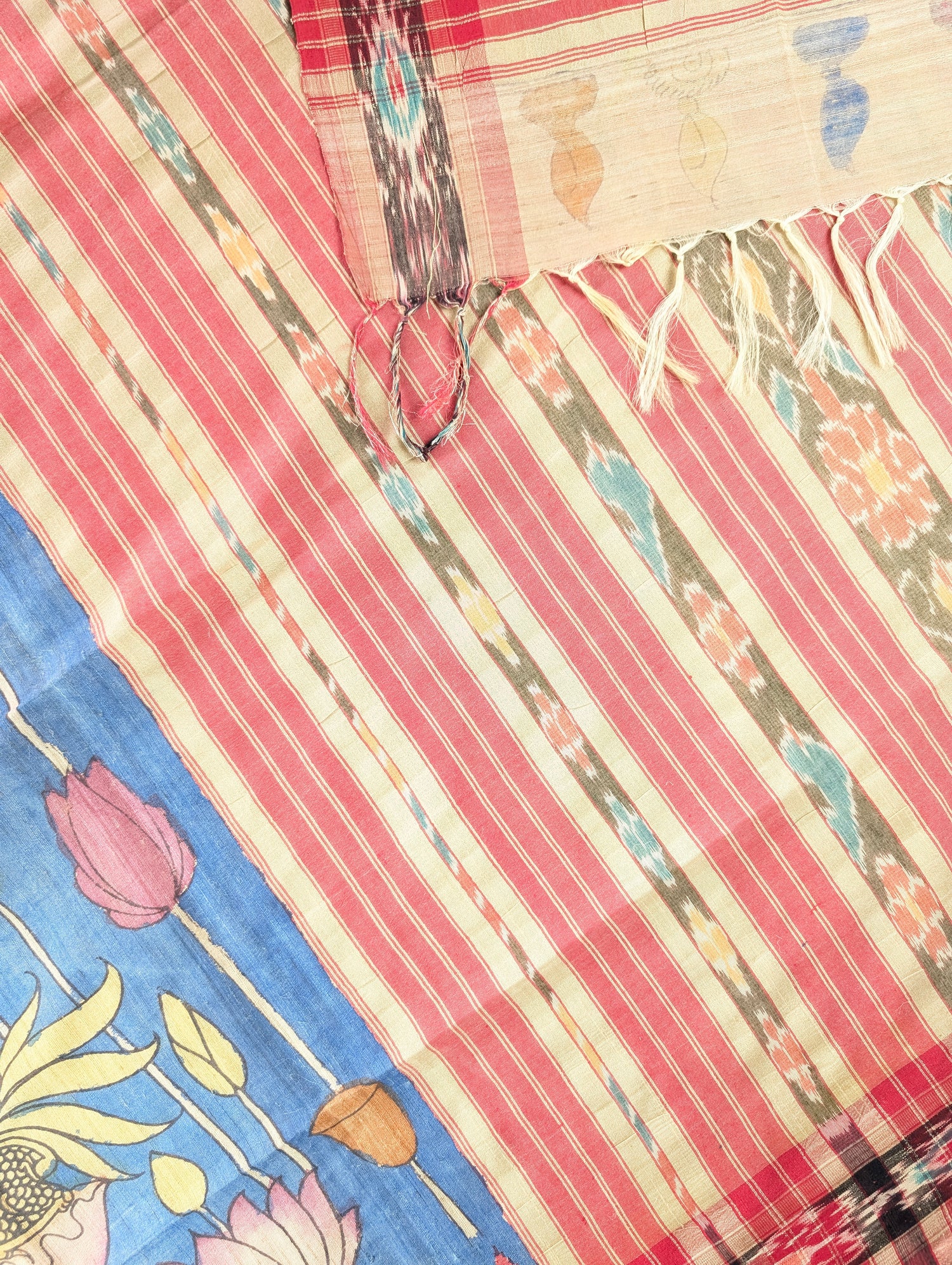 Vidharba Tussar X Pen Kalamkari - Blue w/t Red