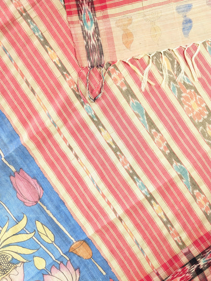 Vidharba Tussar X Pen Kalamkari - Blue w/t Red