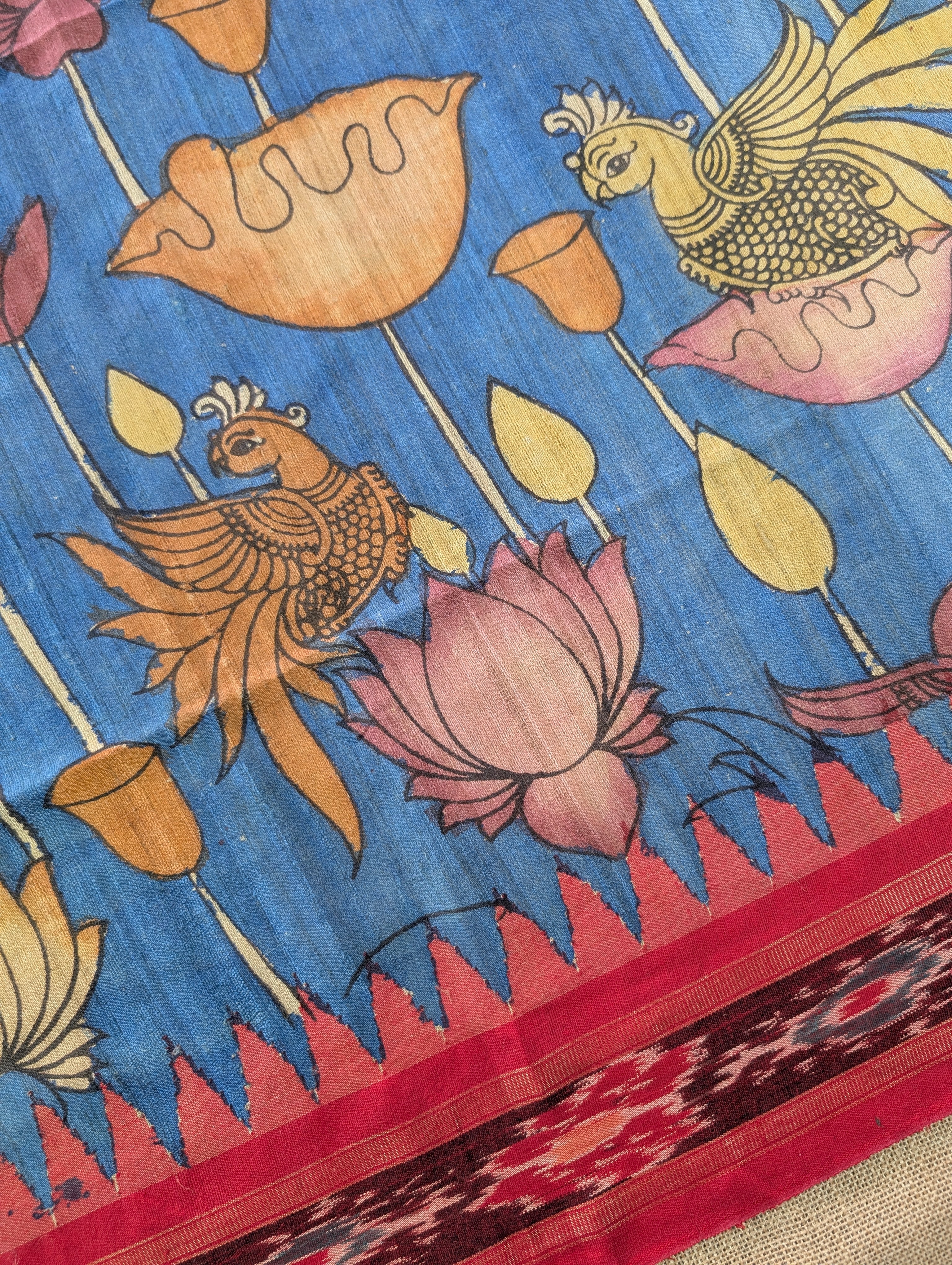 Vidharba Tussar X Pen Kalamkari - Blue w/t Red