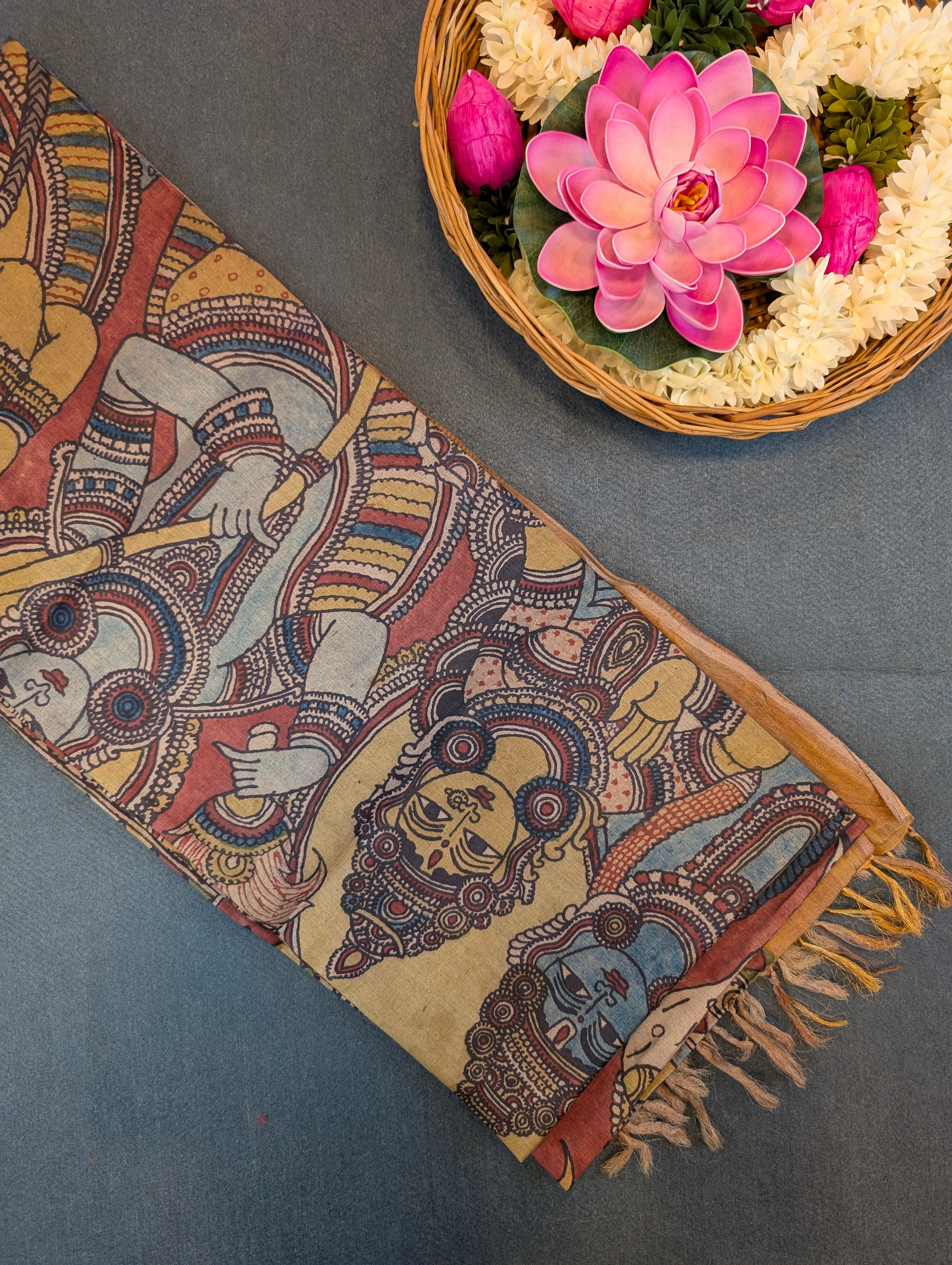 Pen Kalamkari X Pure Tussar - Muted Mustard Yellow