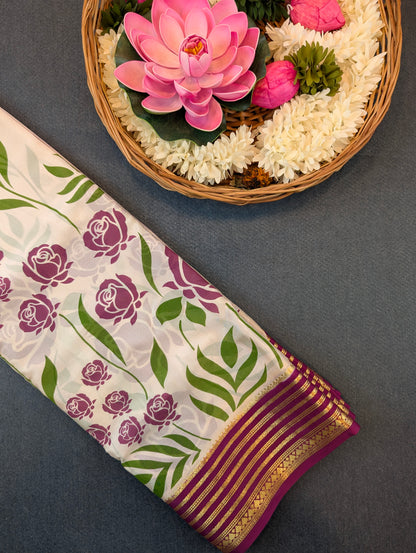 Pure Mysore Silk Crepe - Cream w/t Purple