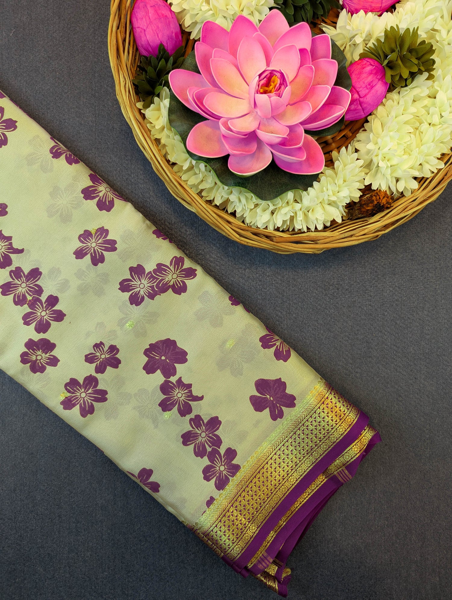 Pure Mysore Silk Crepe - Pastel Green w/t Purple