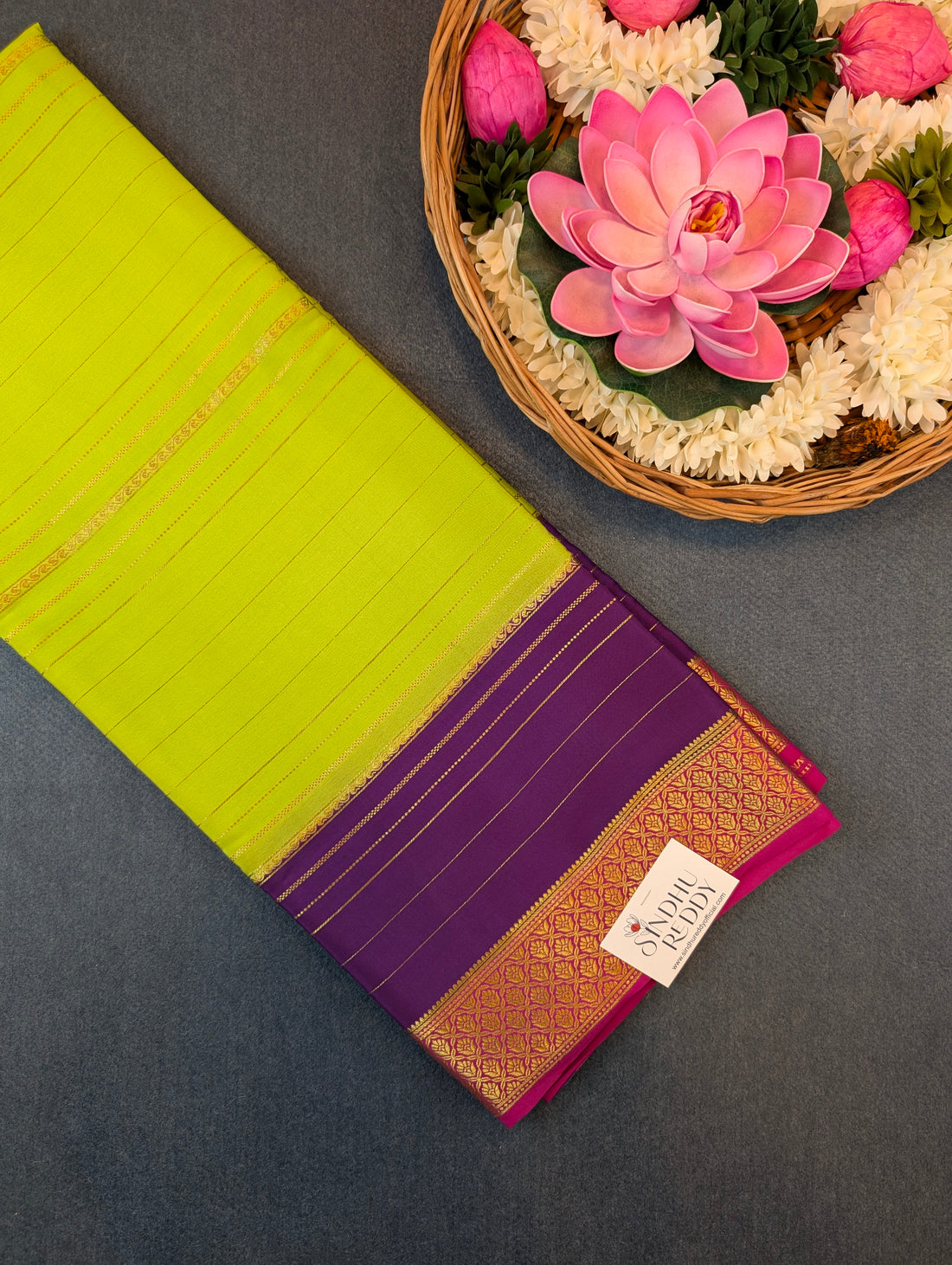Pure Mysore Silk Crepe - Bright lime green and deep purple