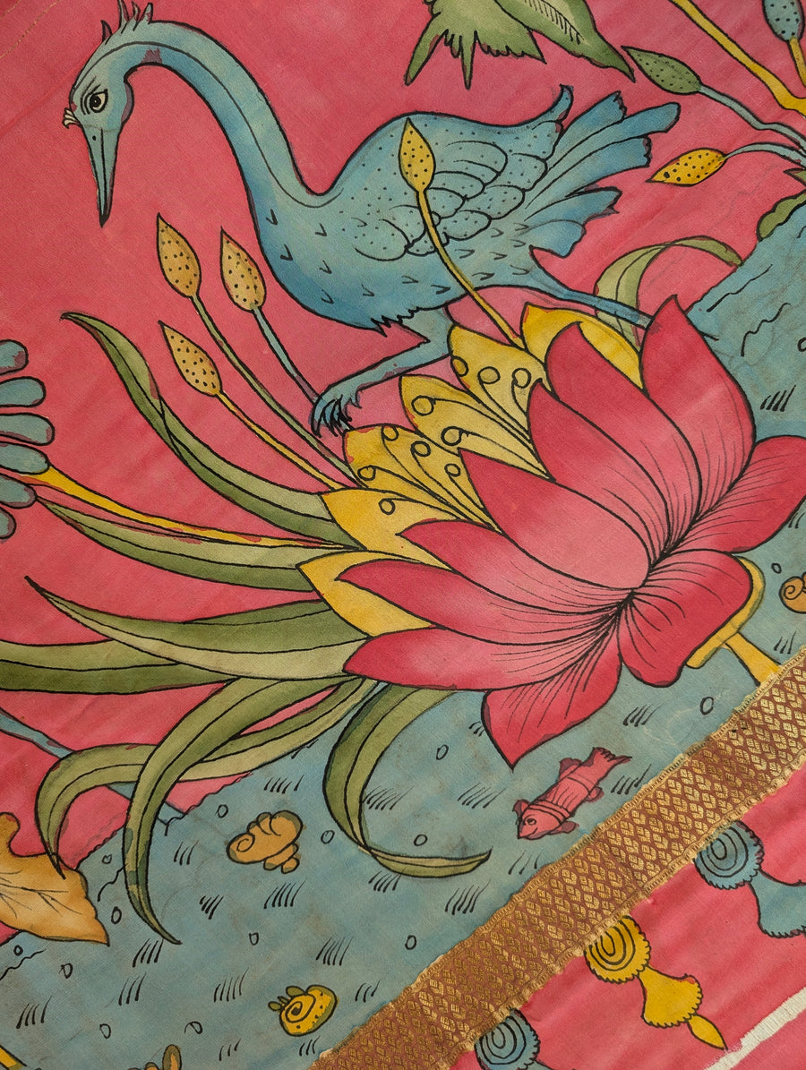 Pure Mysore Silk Crepe X Pen Kalamkari - Rust Brown