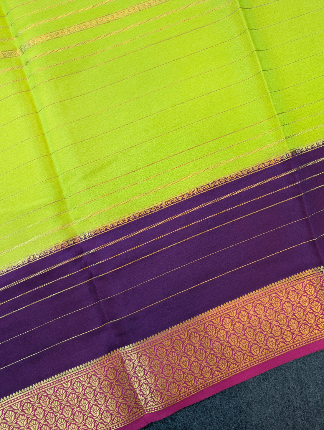 Pure Mysore Silk Crepe - Bright lime green and deep purple