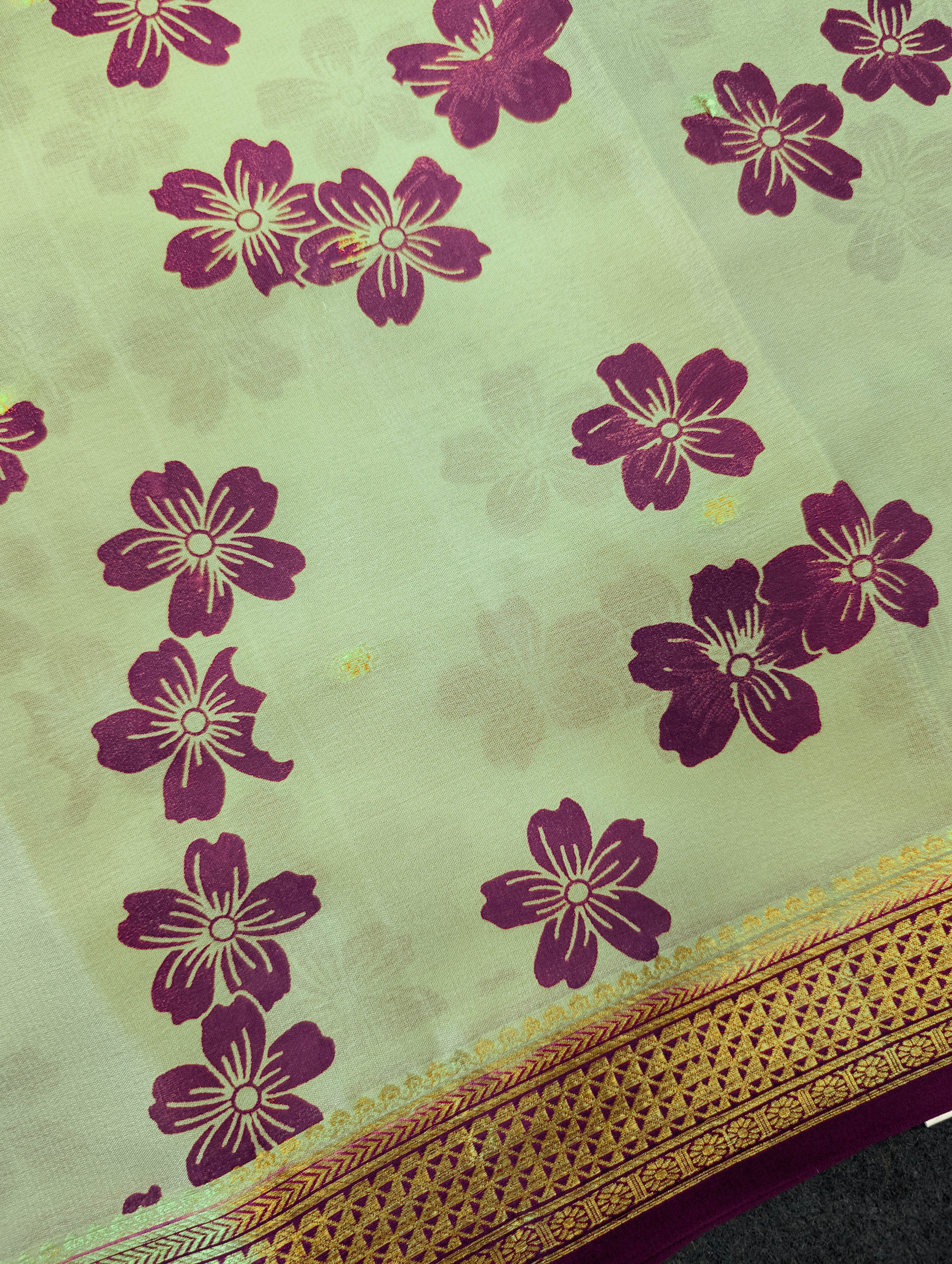 Pure Mysore Silk Crepe - Pastel Green w/t Purple