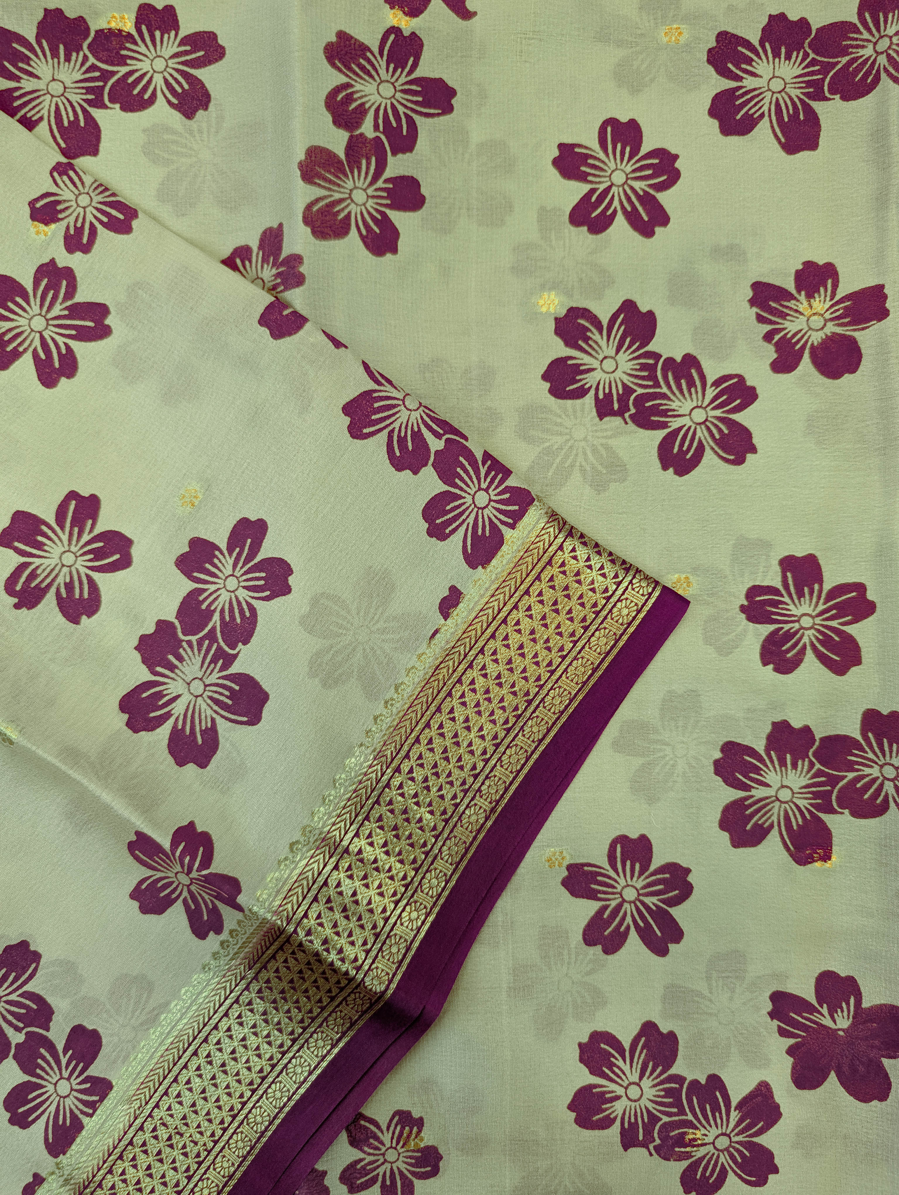 Pure Mysore Silk Crepe - Pastel Green w/t Purple