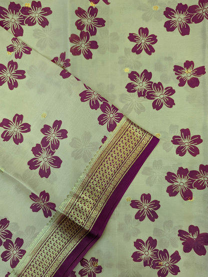 Pure Mysore Silk Crepe - Pastel Green w/t Purple