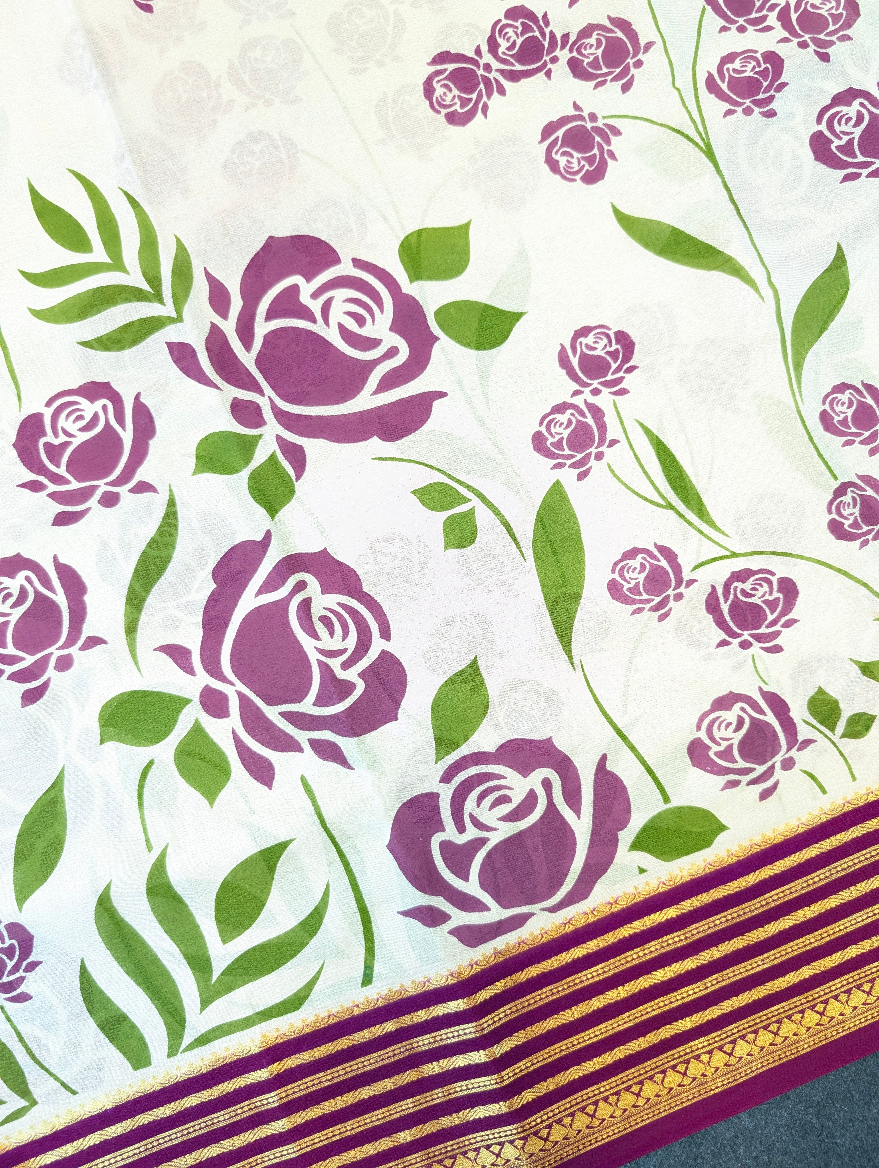 Pure Mysore Silk Crepe - Cream w/t Purple