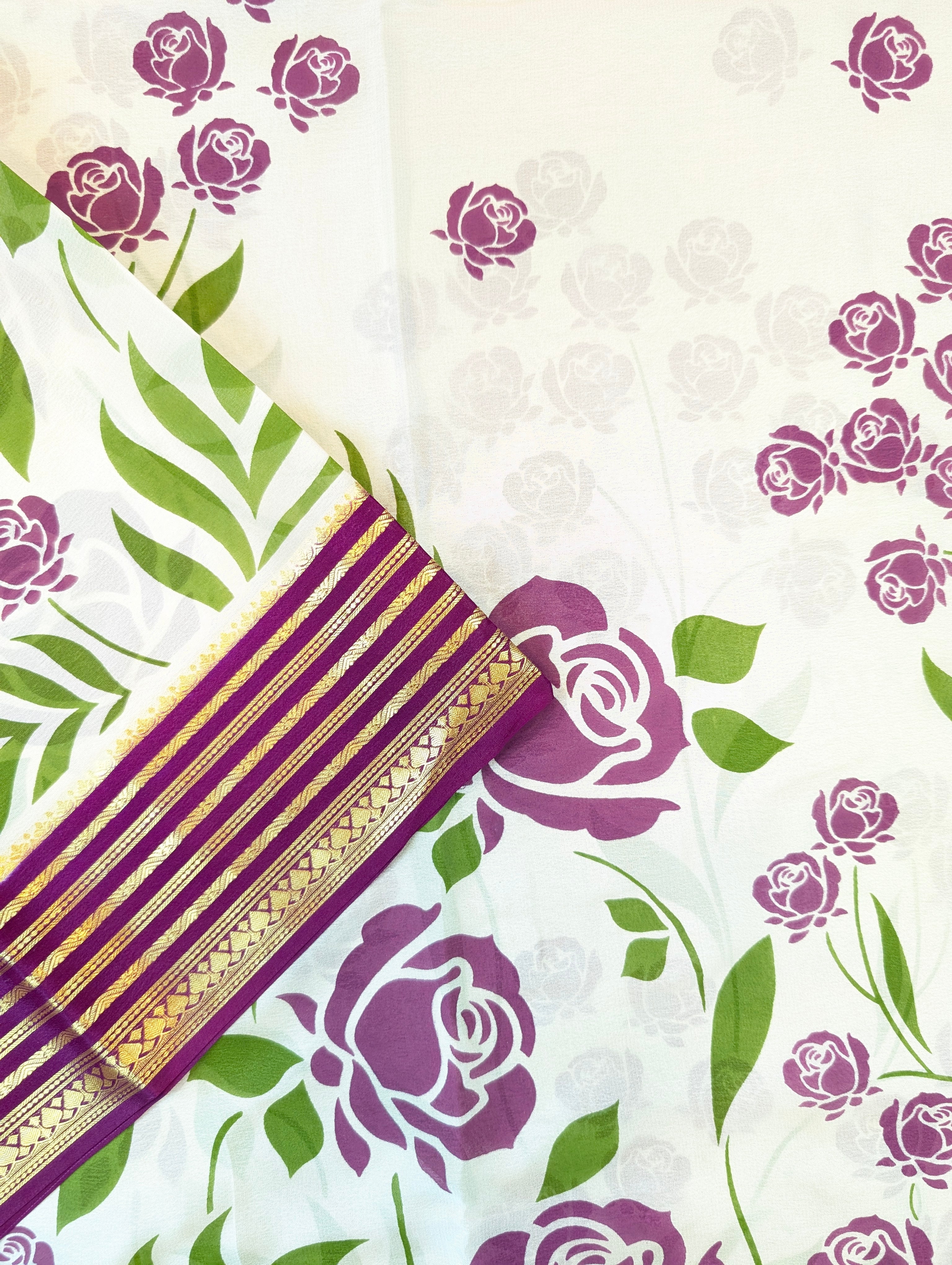 Pure Mysore Silk Crepe - Cream w/t Purple