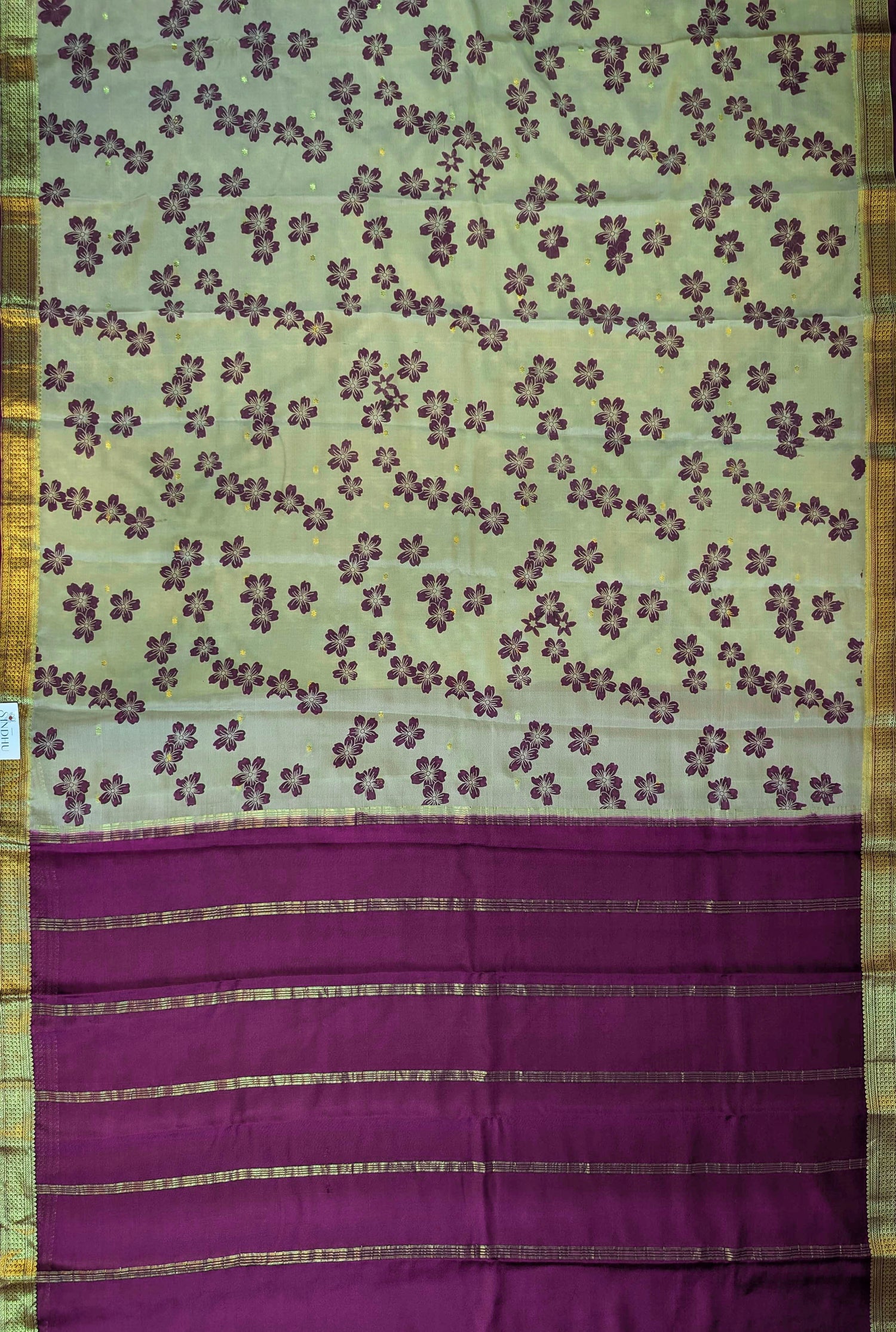 Pure Mysore Silk Crepe - Pastel Green w/t Purple