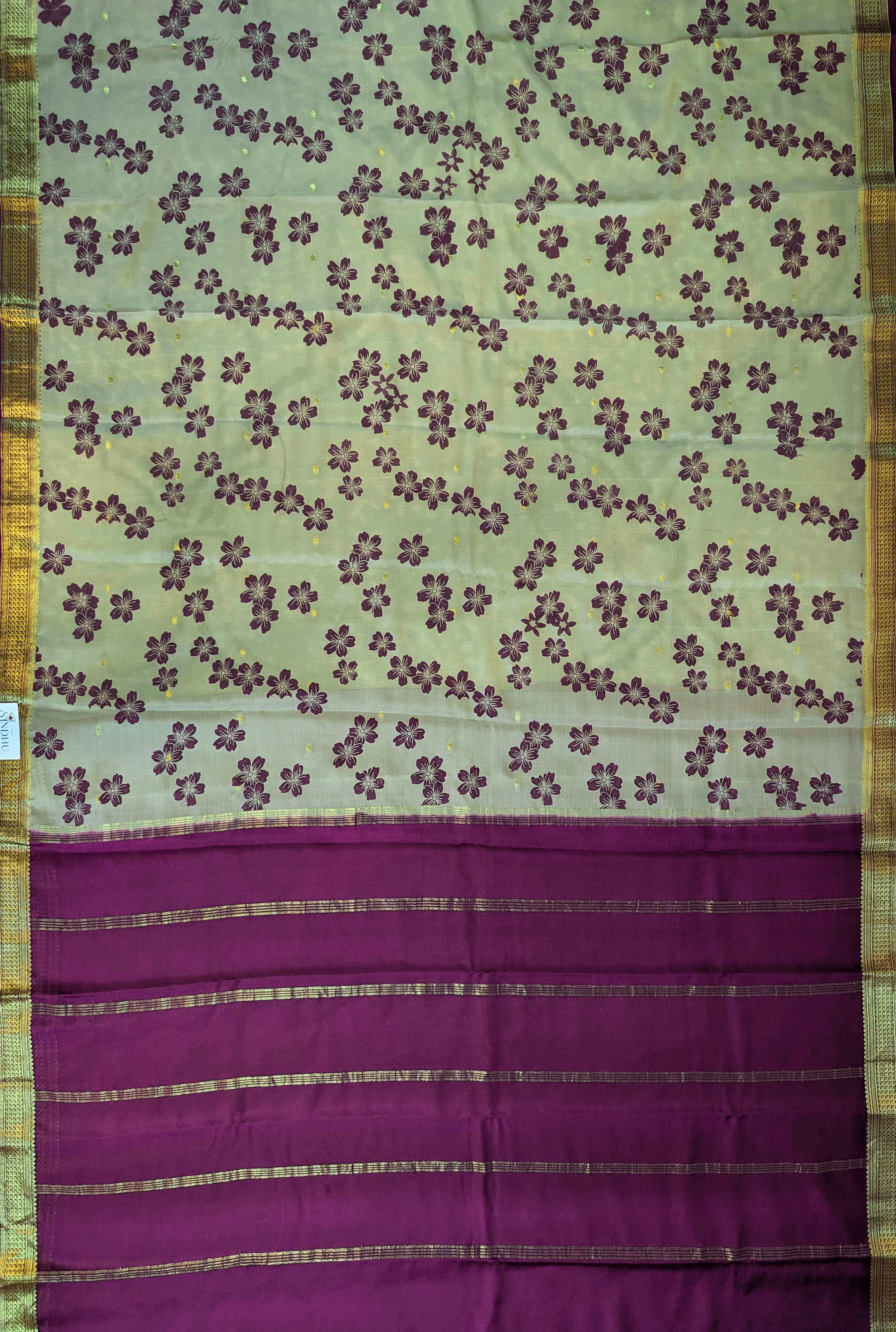 Pure Mysore Silk Crepe - Pastel Green w/t Purple