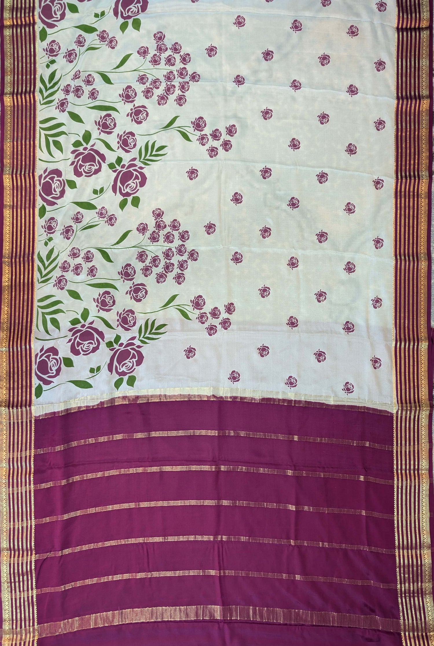 Pure Mysore Silk Crepe - Cream w/t Purple