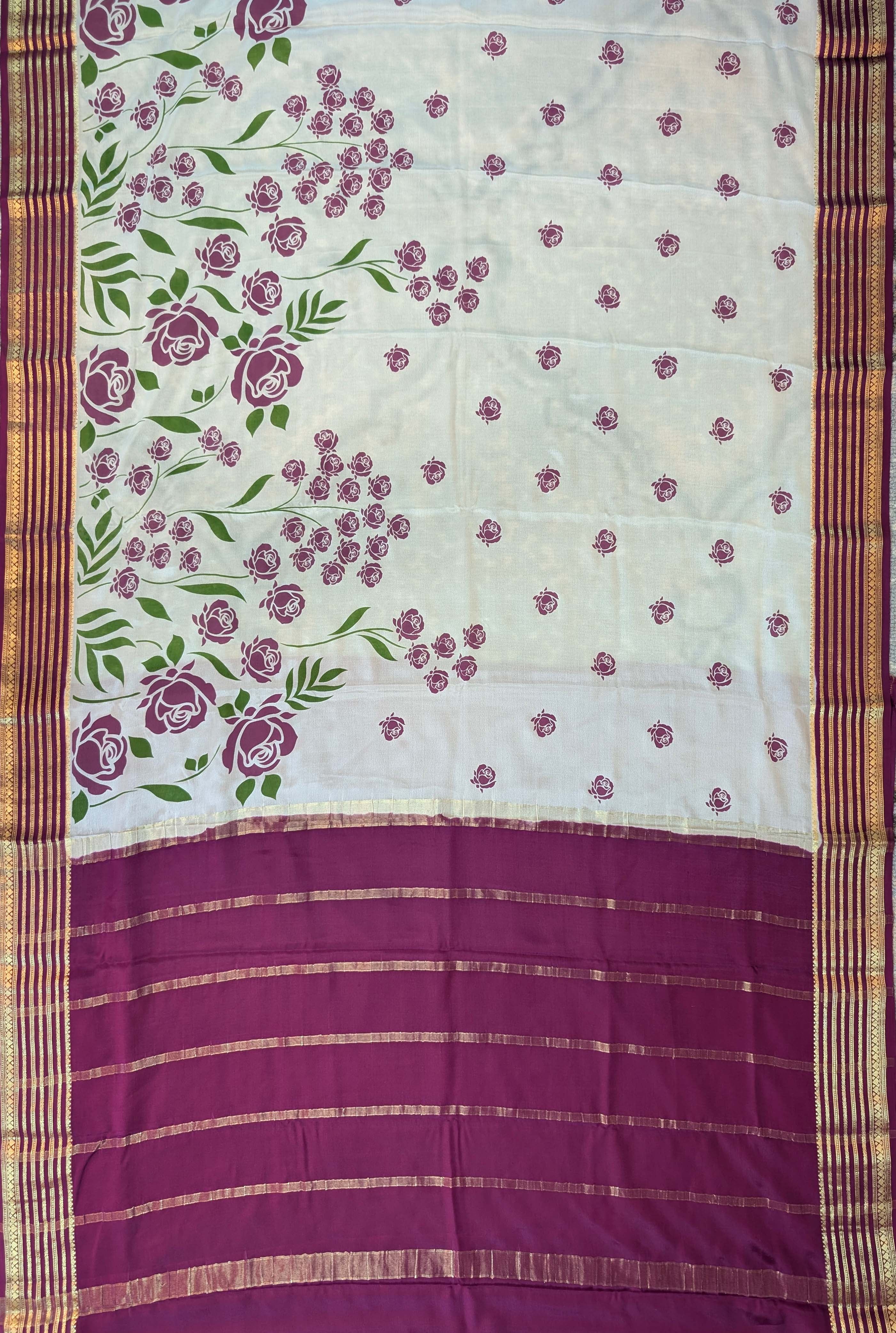 Pure Mysore Silk Crepe - Cream w/t Purple