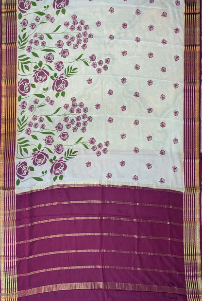Pure Mysore Silk Crepe - Cream w/t Purple