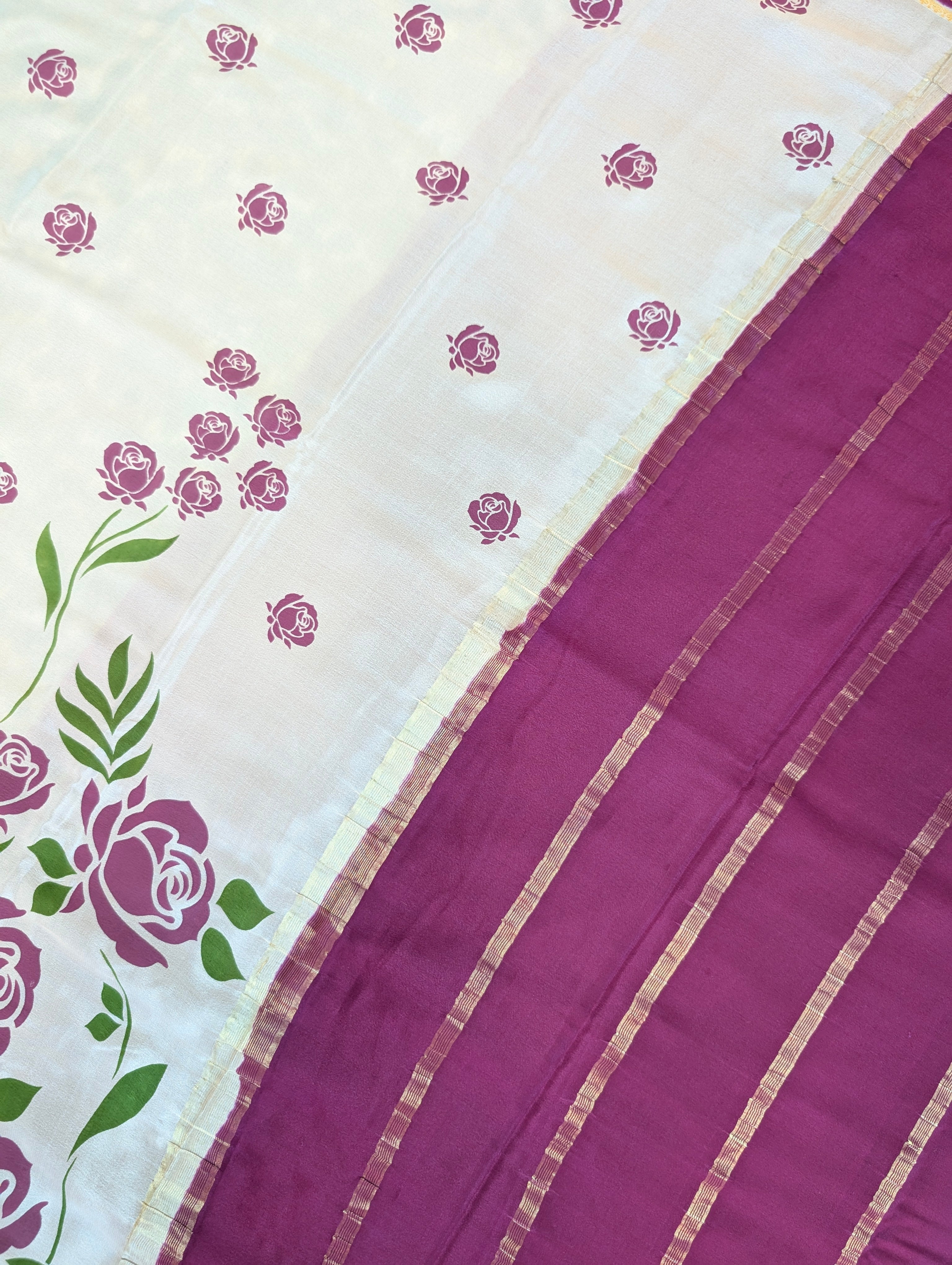Pure Mysore Silk Crepe - Cream w/t Purple