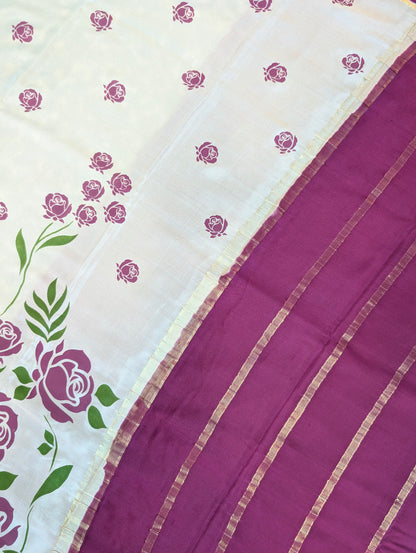Pure Mysore Silk Crepe - Cream w/t Purple