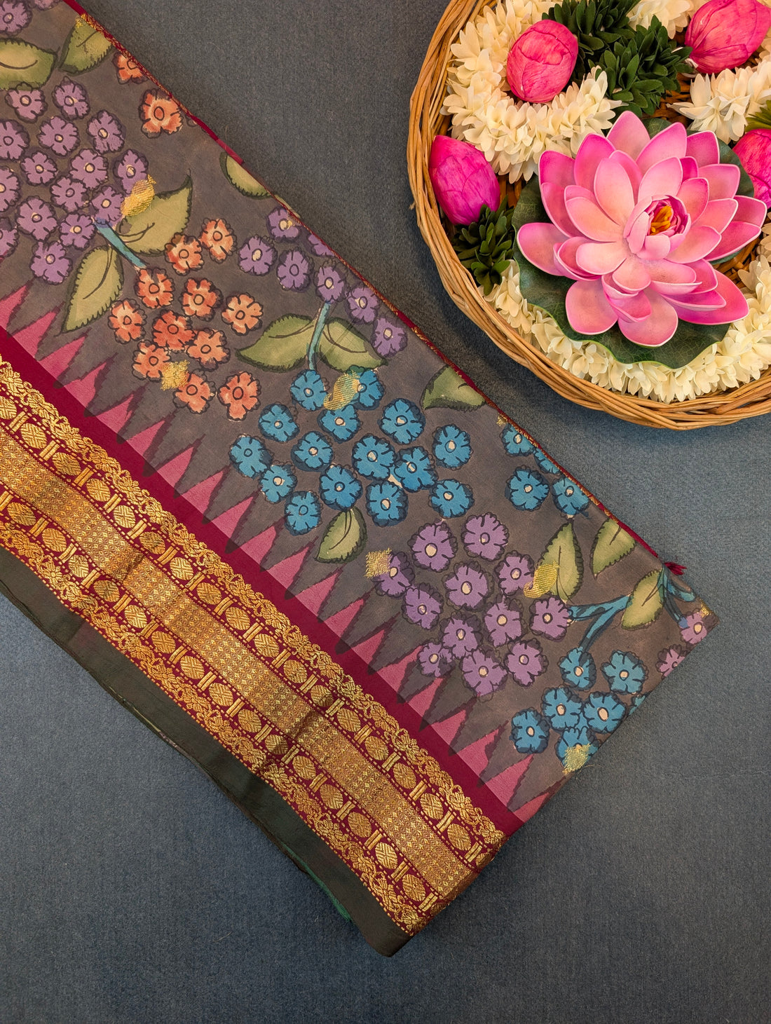 Pure Handloom Gadwal X Pen Kalamkari - Grey