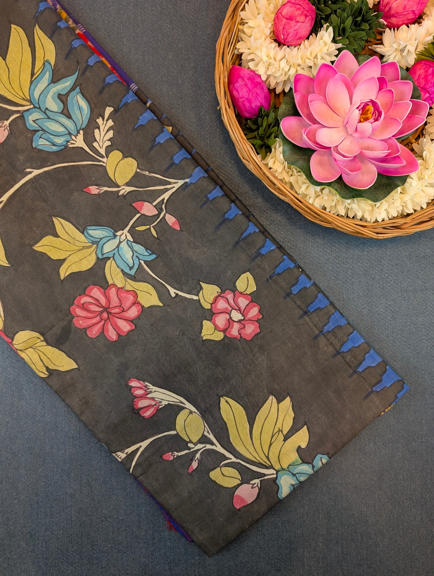 Pure Handloom Ikkat X Pen Kalamkari - Charcoal Grey