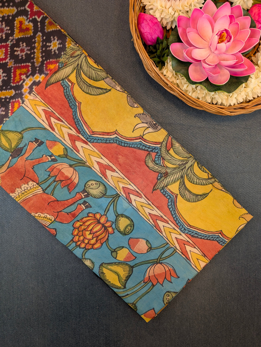 Pure Handloom Ikkat X Pen Kalamkari - Turquoise Blue