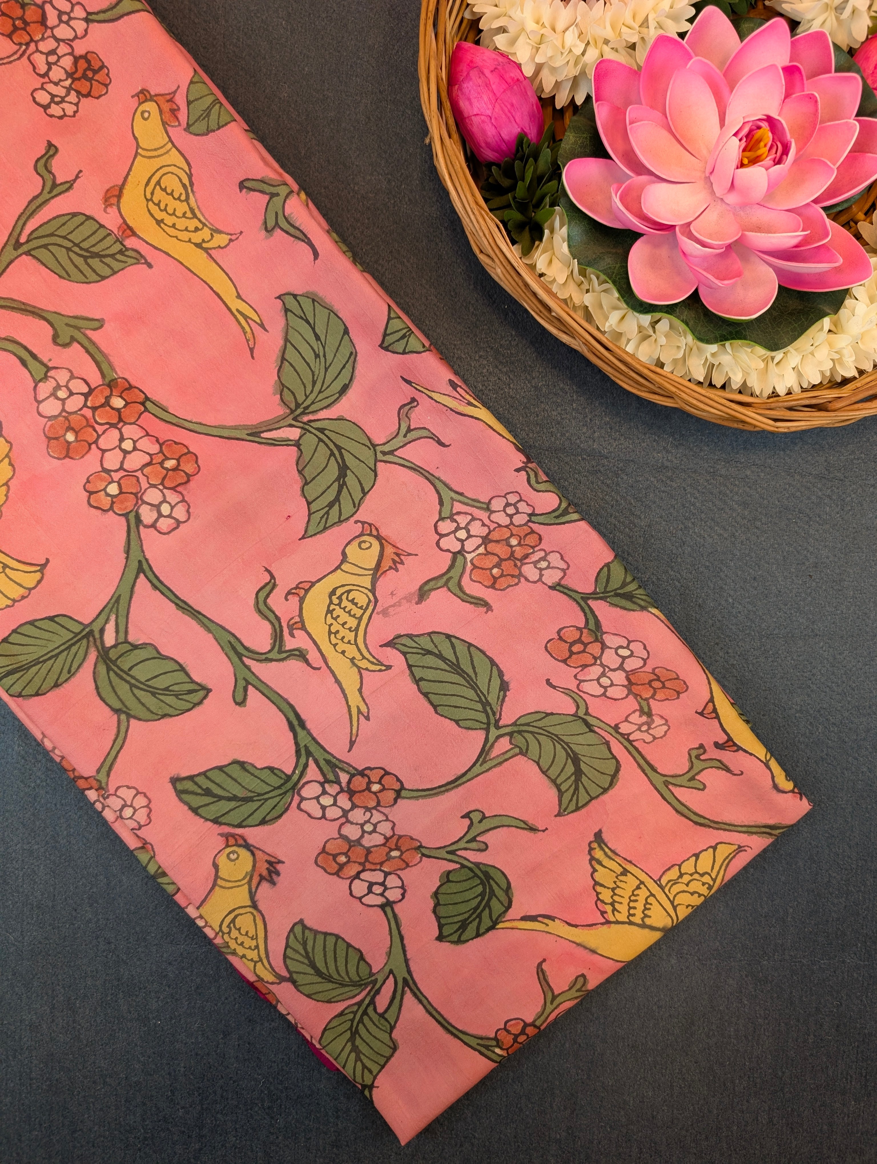 Pure Handloom Ikkat X Pen Kalamkari - Pink-Yellow-Checkered Black &amp; White