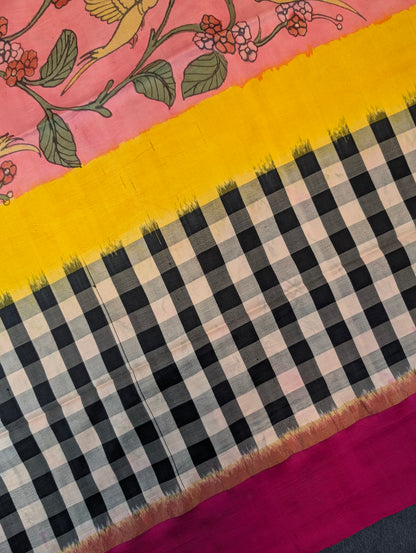 Pure Handloom Ikkat X Pen Kalamkari - Pink-Yellow-Checkered Black &amp; White
