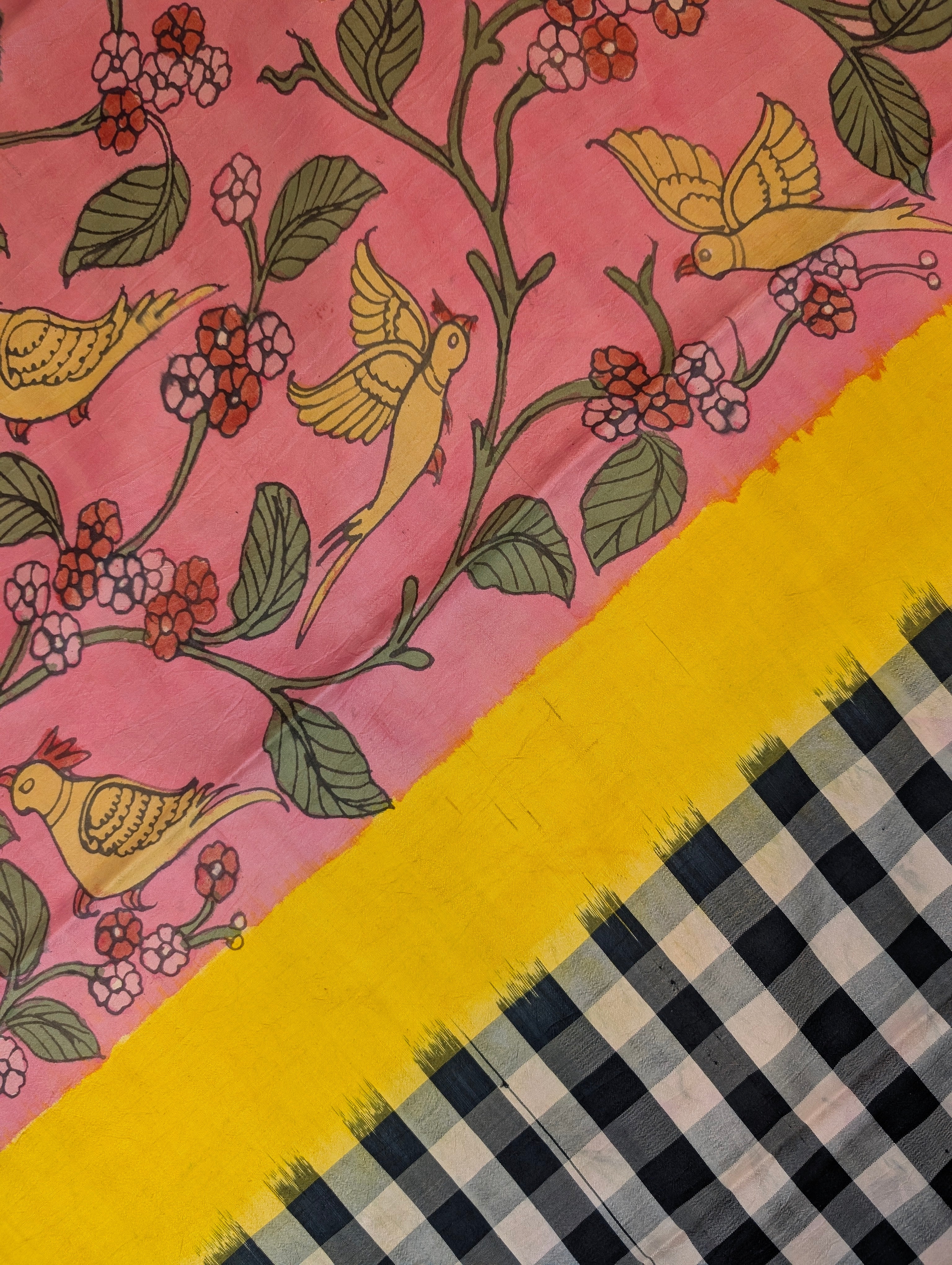 Pure Handloom Ikkat X Pen Kalamkari - Pink-Yellow-Checkered Black &amp; White