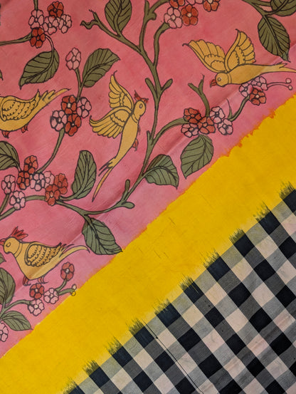 Pure Handloom Ikkat X Pen Kalamkari - Pink-Yellow-Checkered Black &amp; White